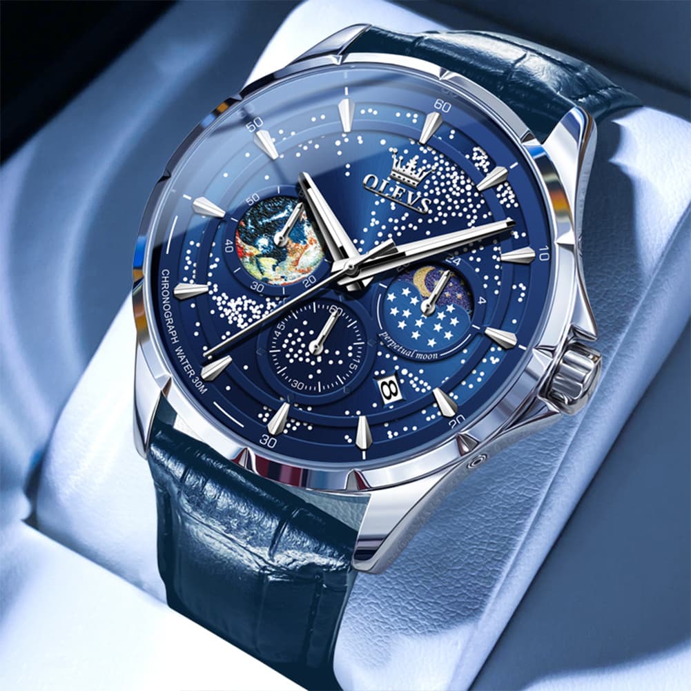 OLEVS Starry Sky Moon Phase Watch Leather Strap for Men 5538