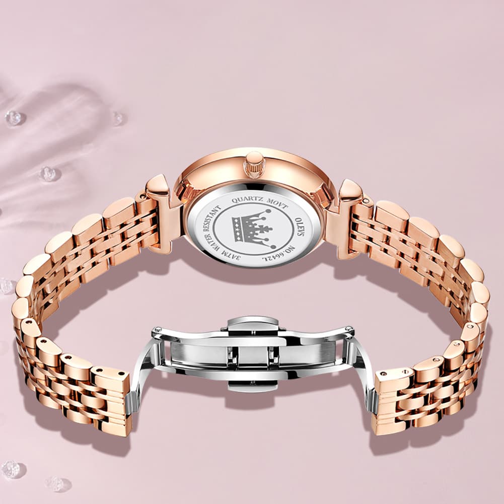 OLEVS 6642 Prism Cut Crystal Watch Rose Gold Stainless Steel Japan Quartz Timepiece for Women