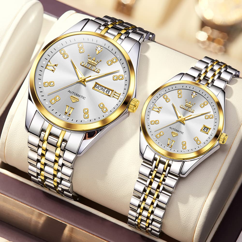 OLEVS Couple Watches Set Automatic Mechanical Diamond Dial 9801 for His and Hers