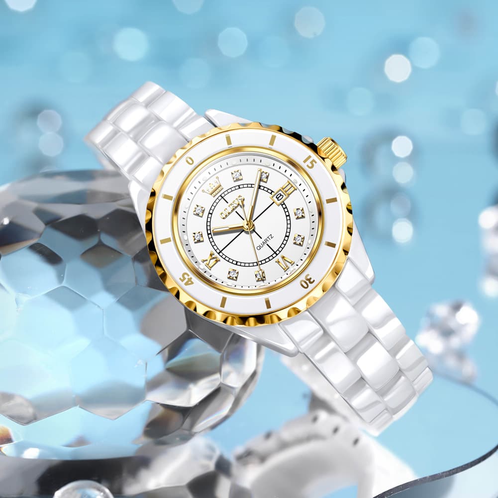 OLEVS 5658 White Ceramic Watch Diamond Accent Quartz Butterfly Clasp Luxury Timepiece for Women
