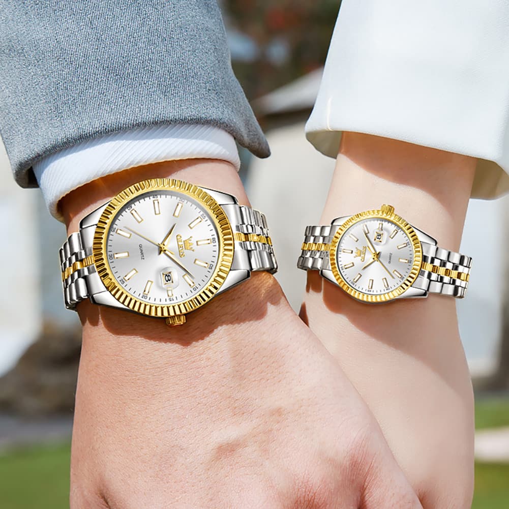 OLEVS Couple Watch Fluted Bezel Two Tone Stainless Steel Date Quartz 5593