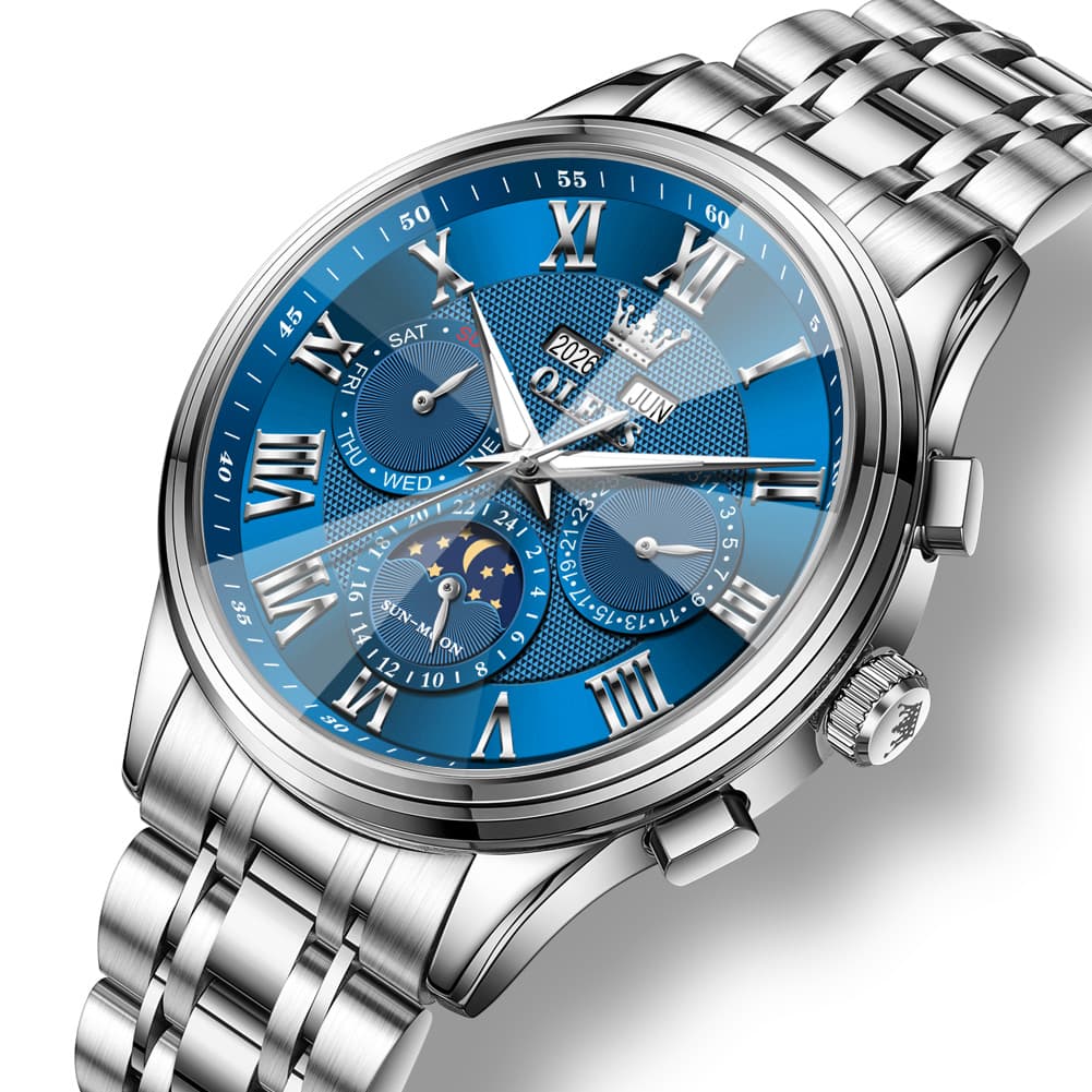 OLEVS 7113 Diamond Cut Glass Moon Phase Automatic Mechanical Watch for Men