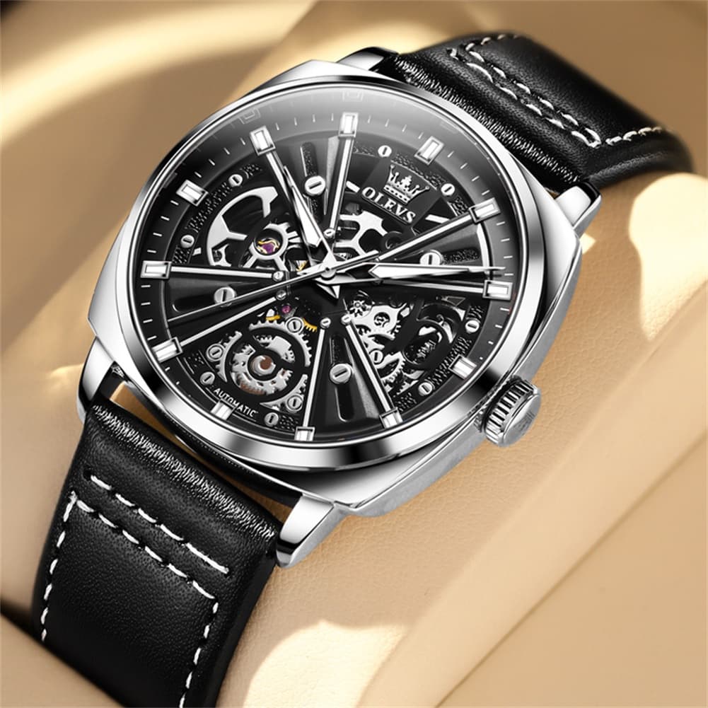 OLEVS 6685 Mechanical Skeleton Leather Watch for Men