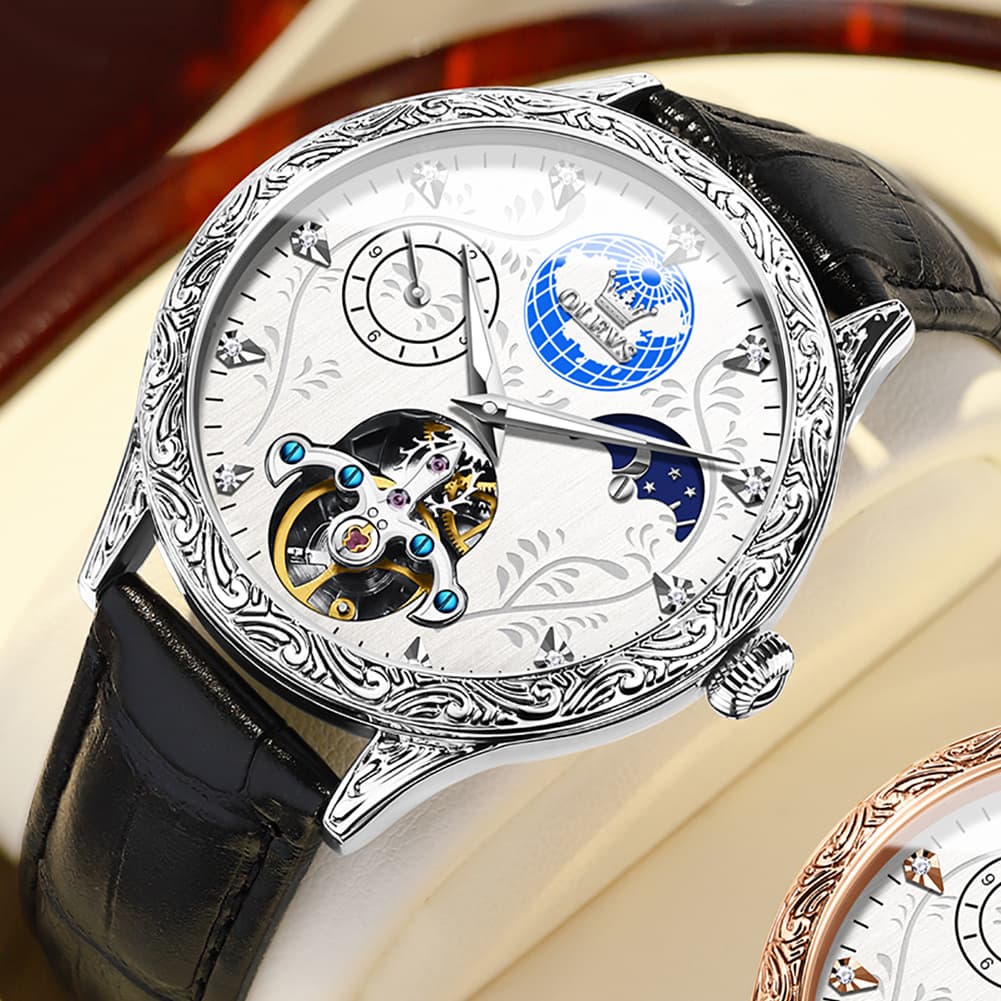 OLEVS 6660 Leather Globe Skeleton Mechanical Watch for Men