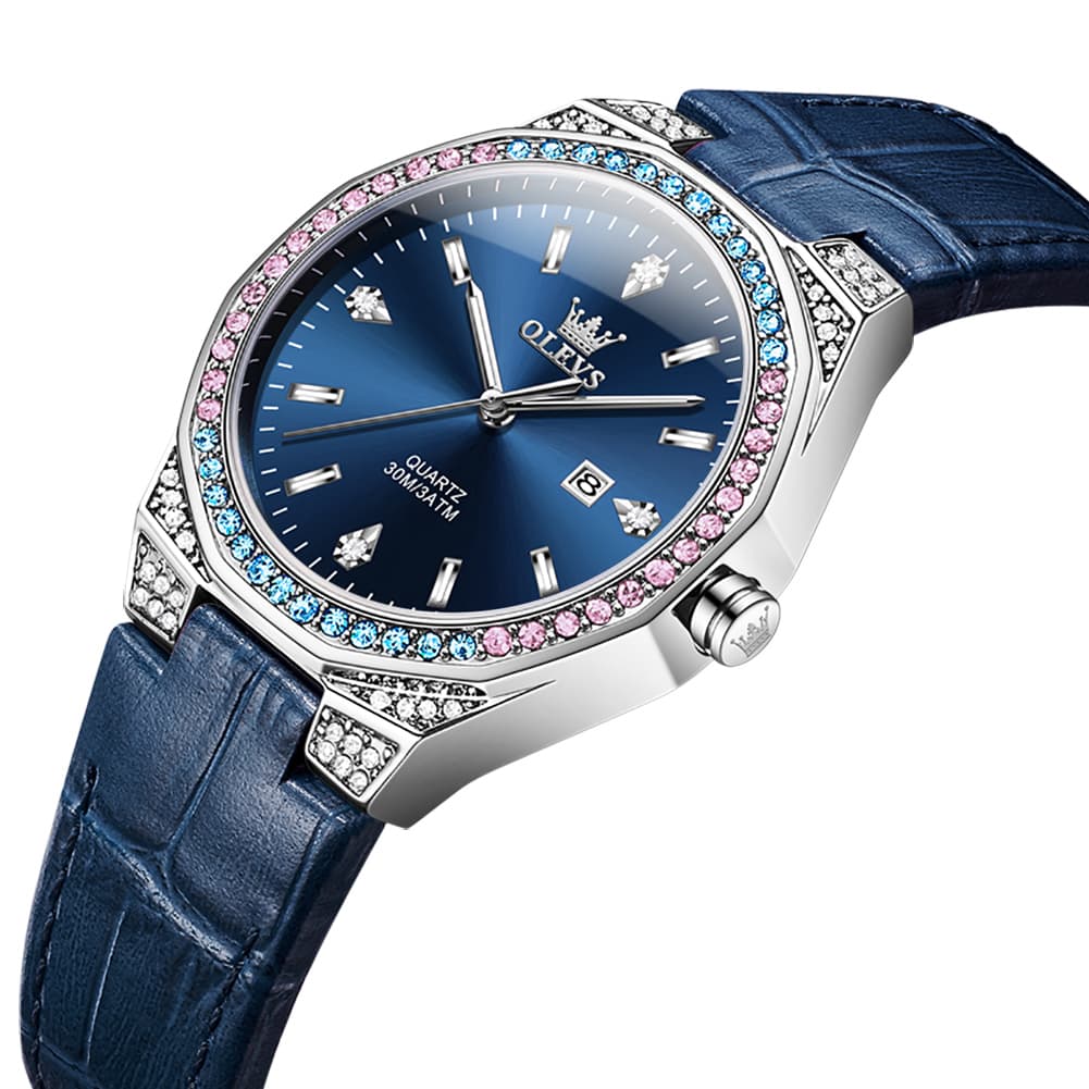 OLEVS Women Octagonal Watch Diamond Bezel Leather Strap Date Quartz 5606