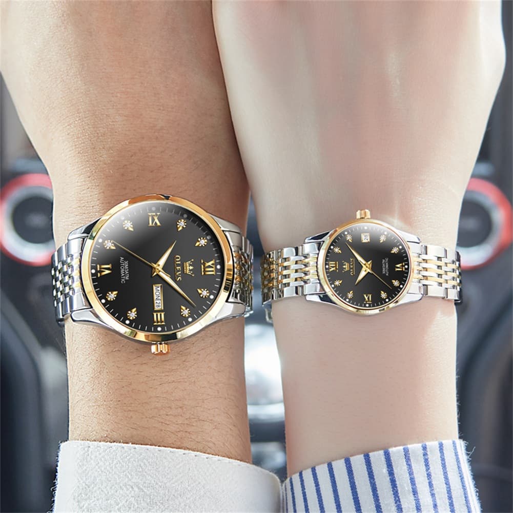 OLEVS 6673 Diamond Automatic Couple Watches Set