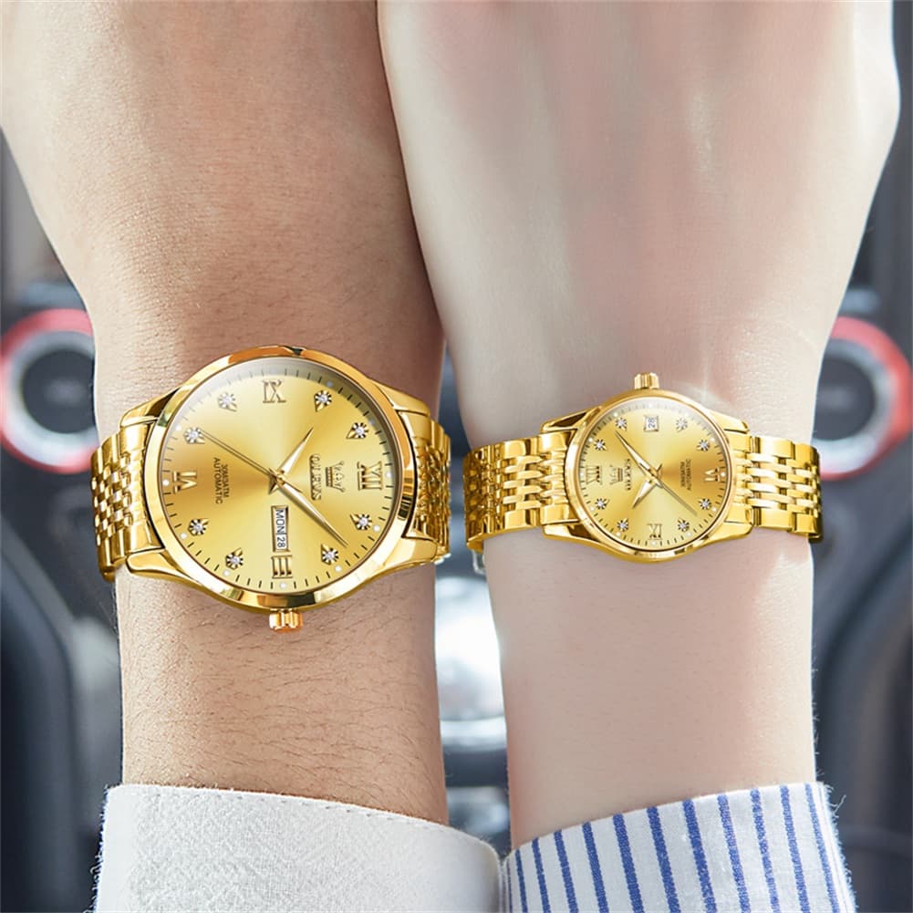 OLEVS 6673 Diamond Automatic Couple Watches Set