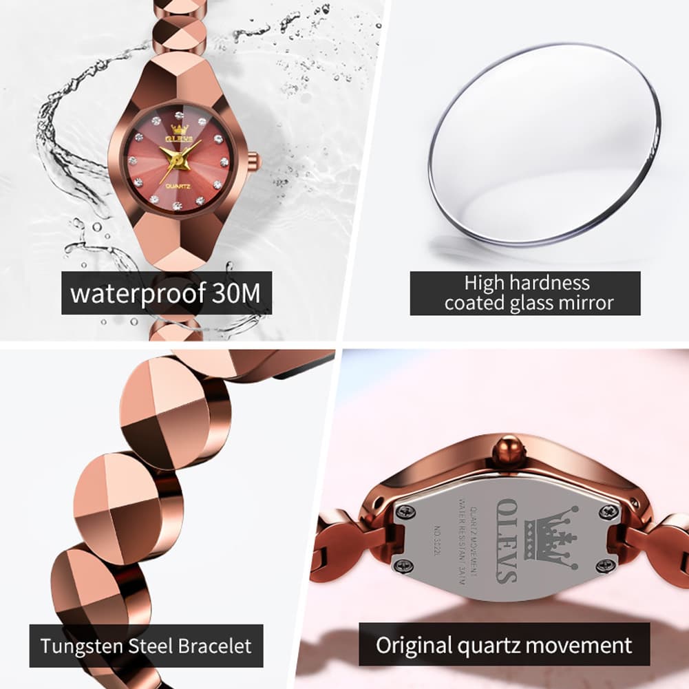 OLEVS 7007 Tungsten Steel Watch Dainty Faceted Bracelet Diamond Accent Quartz Luxury Timepiece for Women