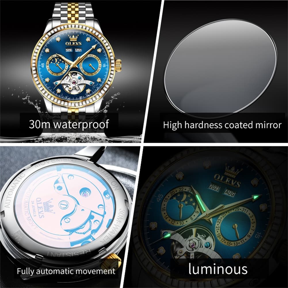 OLEVS 7016 Diamond Multi Function Sun and Moon Mechanical Watch for Men