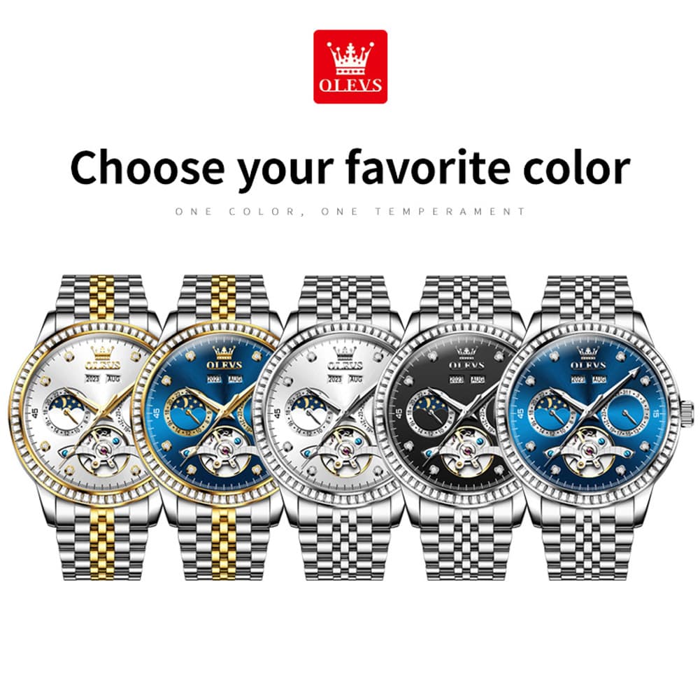 OLEVS 7016 Diamond Multi Function Sun and Moon Mechanical Watch for Men