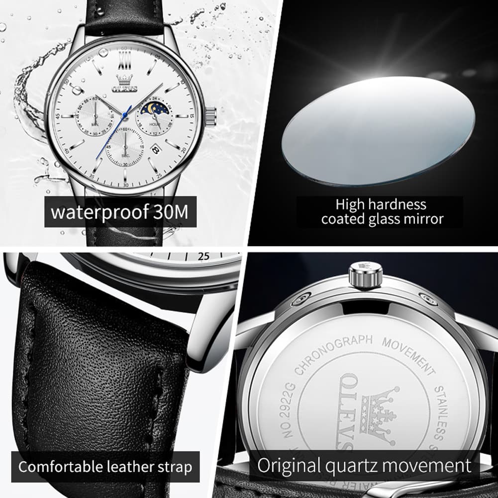 OLEVS 2922 Moon Phase Leather Dress Watch For Men