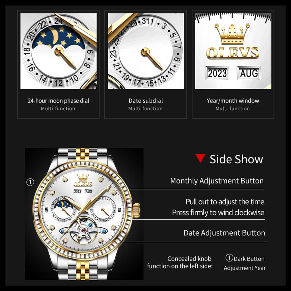 OLEVS 7016 Diamond Multi Function Sun and Moon Mechanical Watch for Men