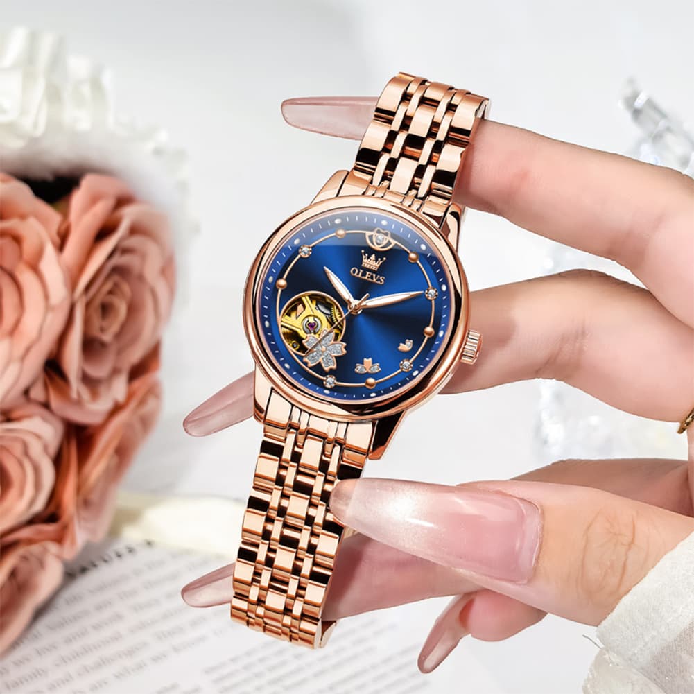 OLEVS 6732 Automatic Open Heart Diamond Watch For Women