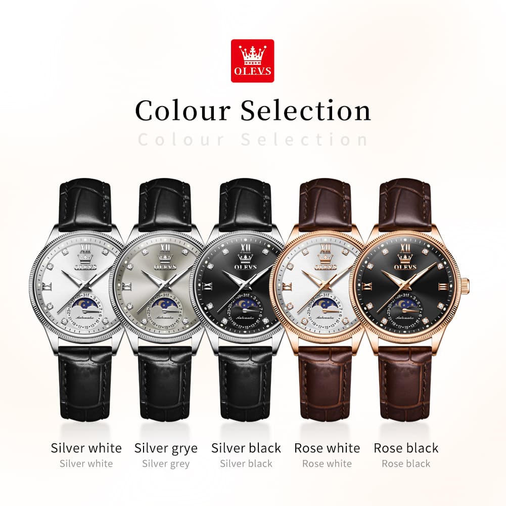 OLEVS 7039 Leather Moon Phase Mechanical Watch For Women