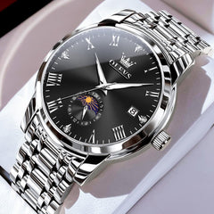 OLEVS 3656 Minimalist Moon Phase Roman Dial Stainless Steel Watch For Men