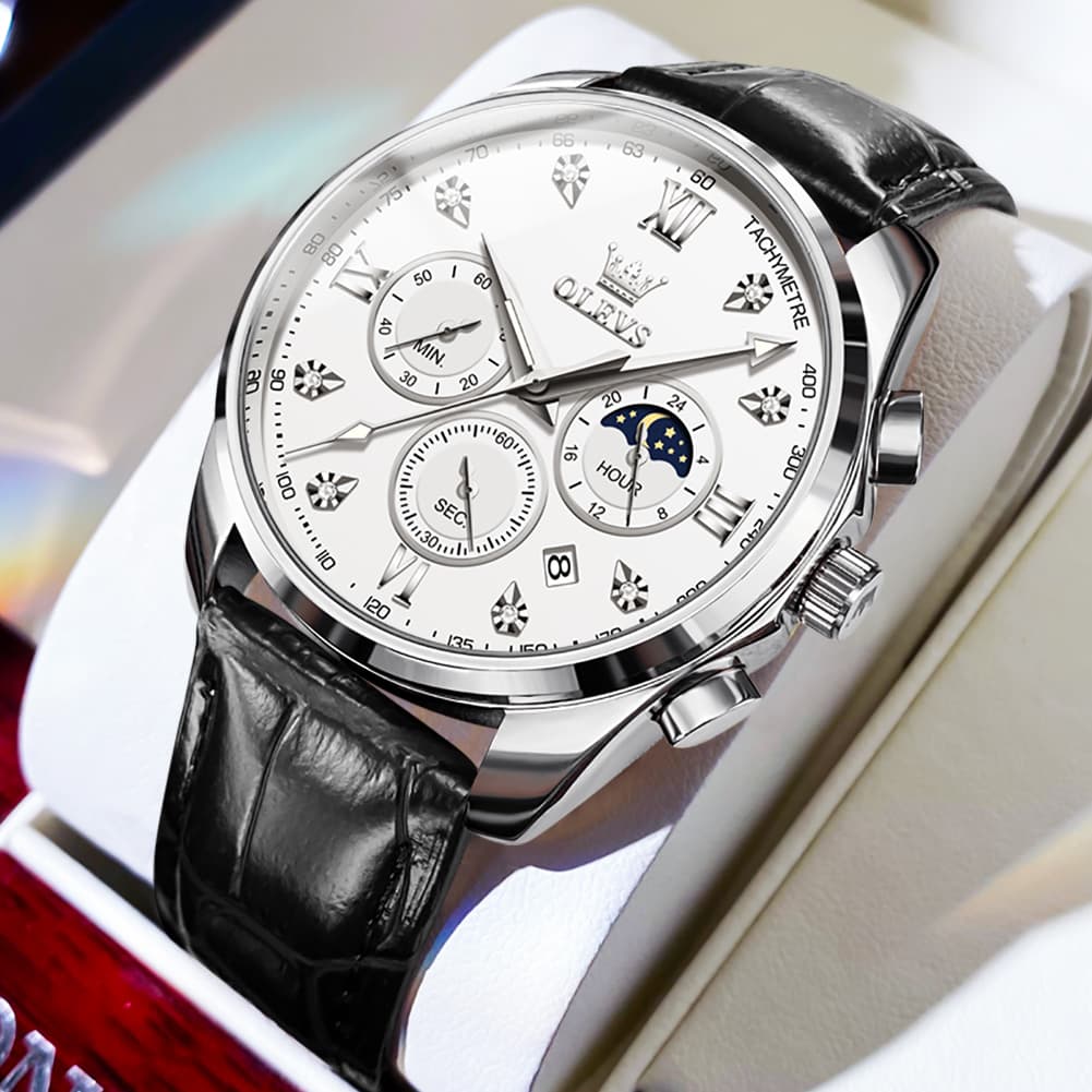 OLEVS 2888 Leather Chronograph Moon Phase Watch for Men