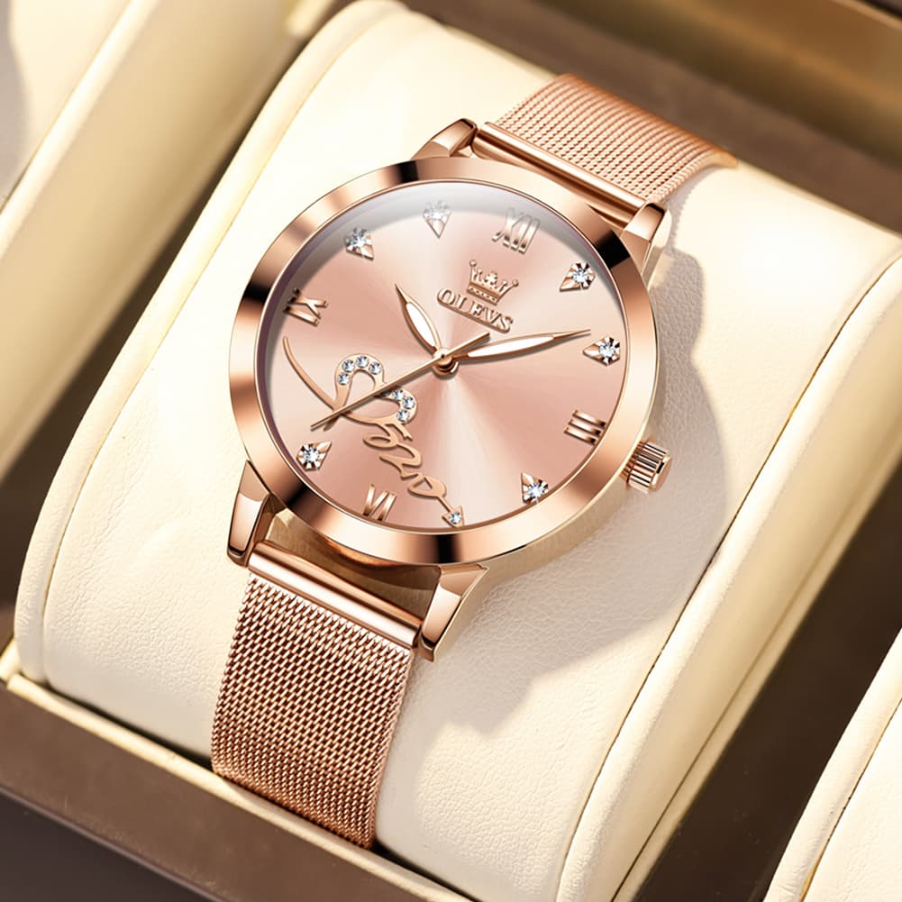 OLEVS Romantic Heart Crystal Dress Watch for Women Rose Gold Milanese Mesh 5530