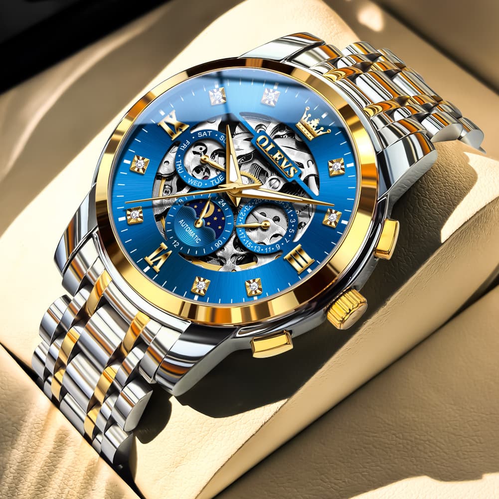 OLEVS 6721 Openwork Skeleton Diamond Dial Moon Phase Calendar Mechanical Watch For Men