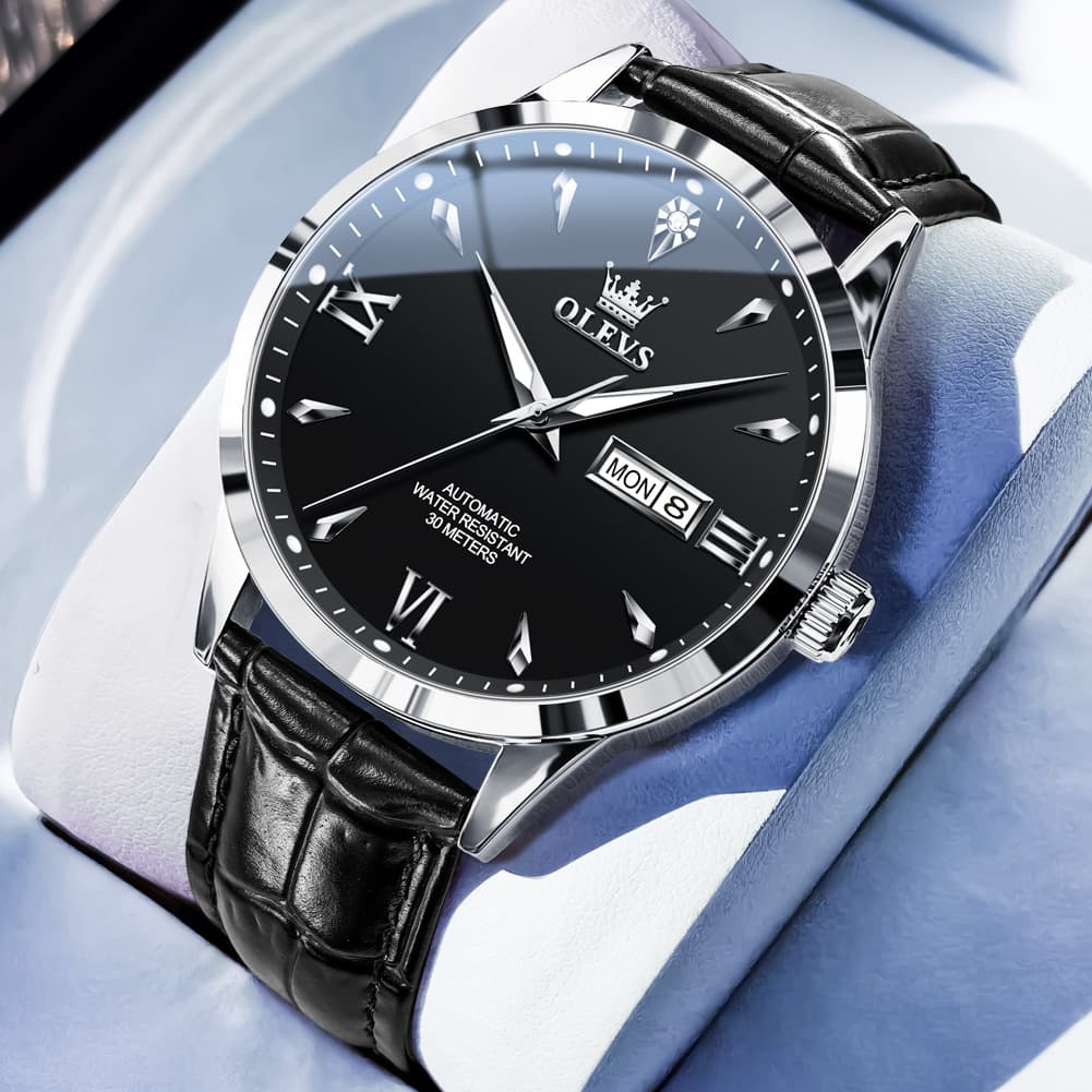 OLEVS Diamond Dial Day Date Automatic Mechanical Watch 9956 Leather Strap for Men