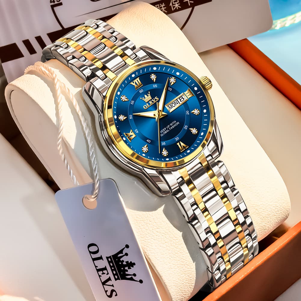 OLEVS Diamond Dial Day Date Quartz Watch 5513 Steel Band for Women