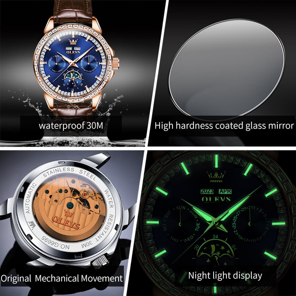 OLEVS 6695P Baguette Diamond Leather Mechanical Watch for Men