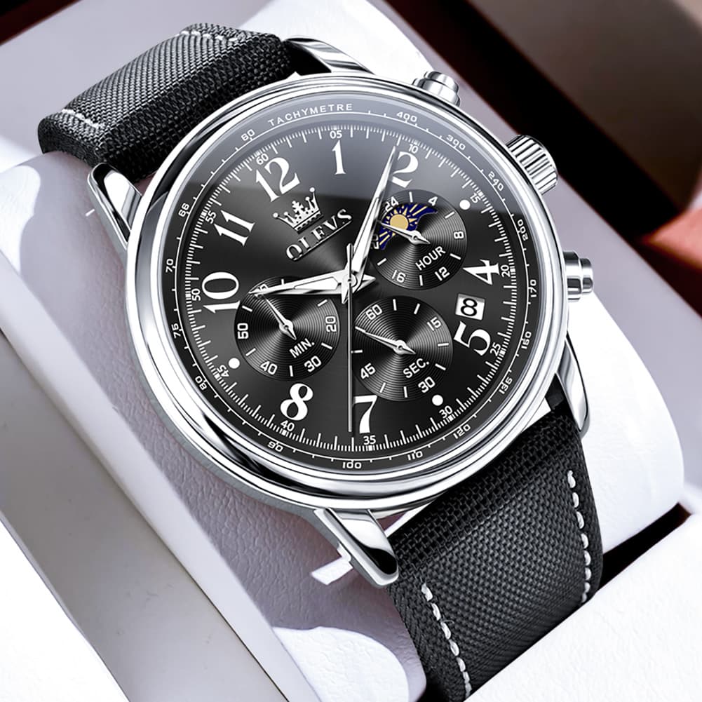 OLEVS 2912 Leather Chronograph Moon Phase Watch for Men