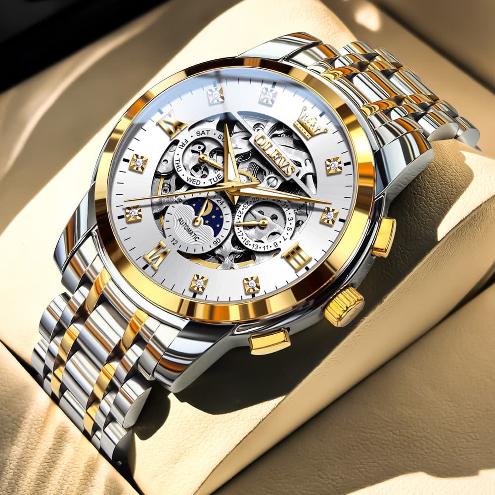 OLEVS 6721 Openwork Skeleton Diamond Dial Moon Phase Calendar Mechanical Watch For Men