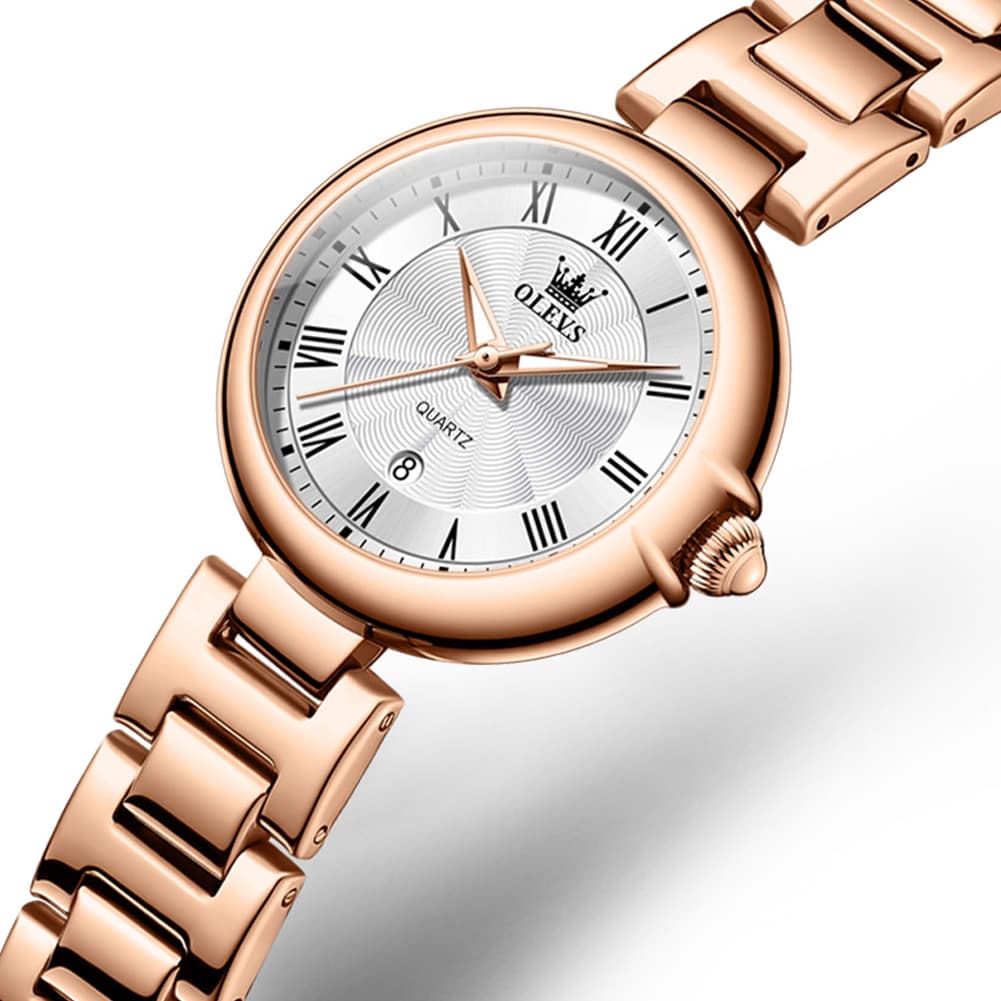 OLEVS Women Roman Numeral Dress Watch Sunray Dial Stainless Steel Date Quartz 5608