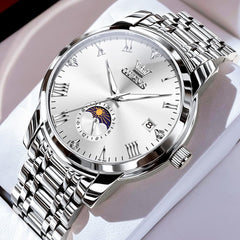 OLEVS 3656 Minimalist Moon Phase Roman Dial Stainless Steel Watch For Men