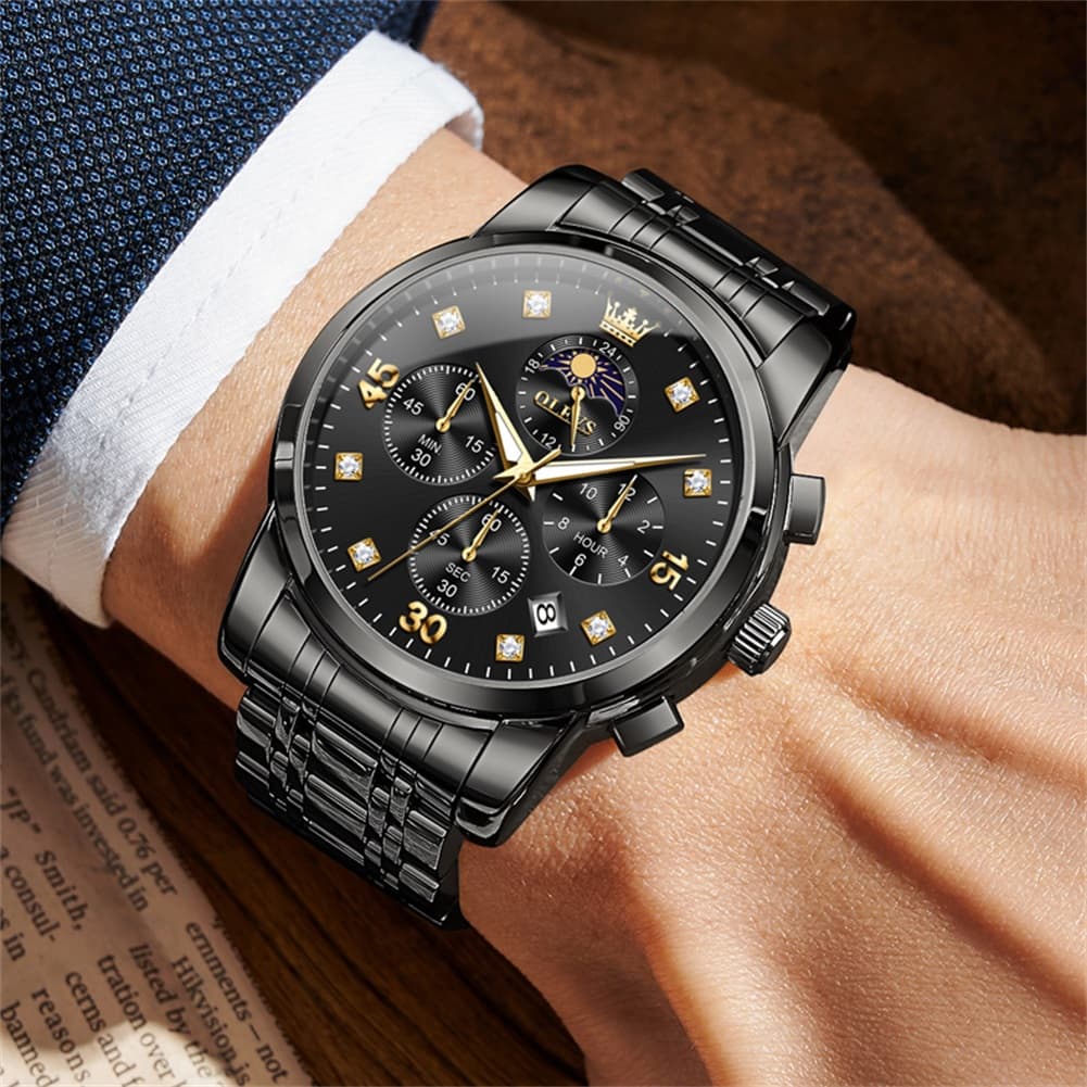 OLEVS 3652 Chronograph Moon Phase Diamond Dial Stainless Steel Watch For Men