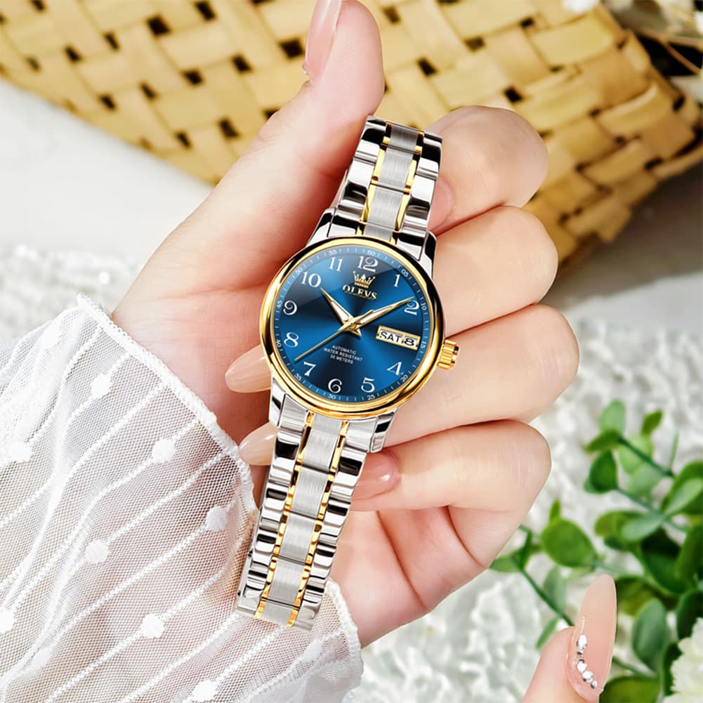 OLEVS 7072 Arabic Numeral Dual Calendar Automatic Watch For Women