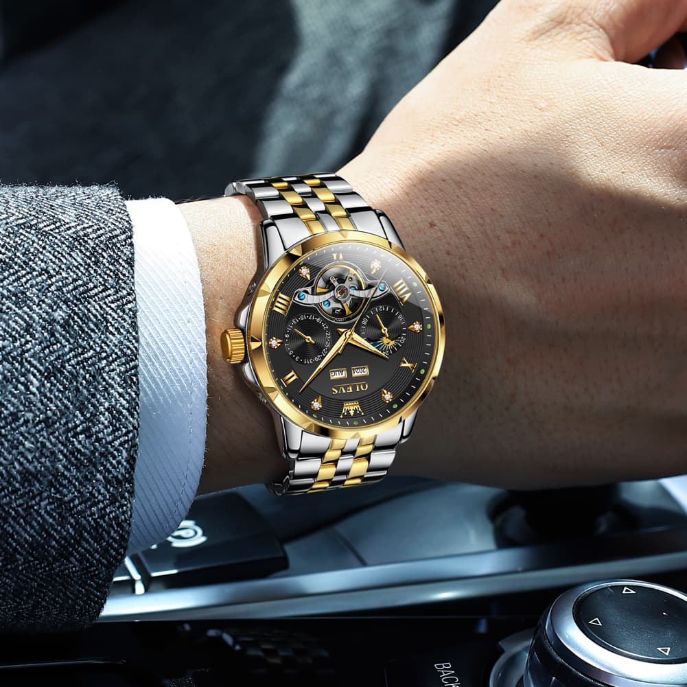 OLEVS 6691 Automatic Moon Phase Skeleton Steel Watch for Men