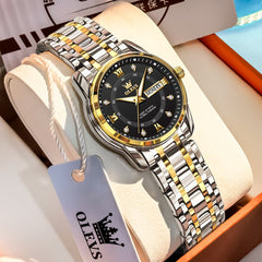 OLEVS Diamond Dial Day Date Quartz Watch 5513 Steel Band for Women