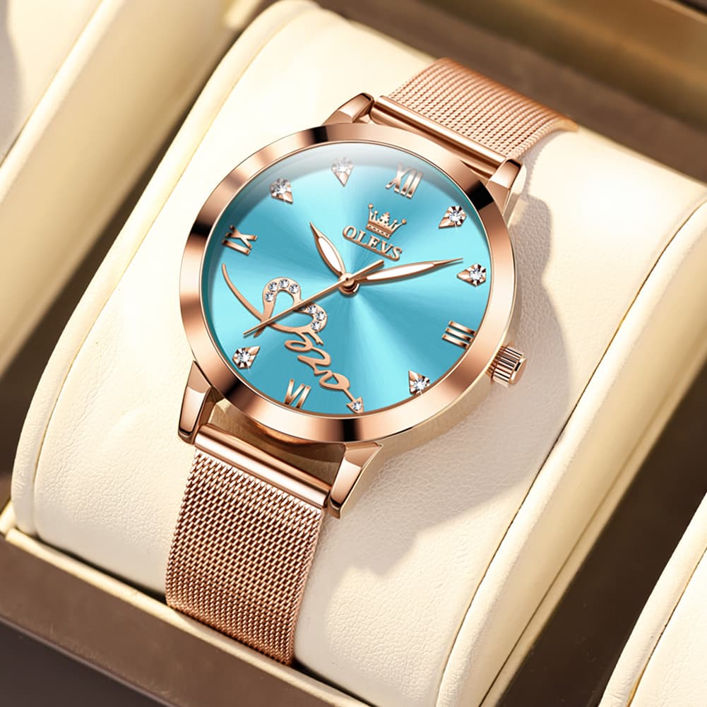 OLEVS Romantic Heart Crystal Dress Watch for Women Rose Gold Milanese Mesh 5530