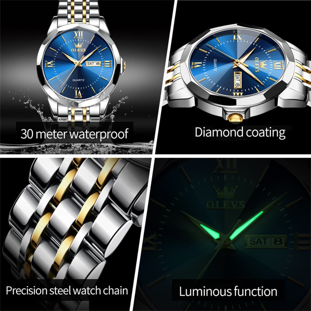 OLEVS 9989 Diamond Cut Glass Couple Dress Watch for Men and Women