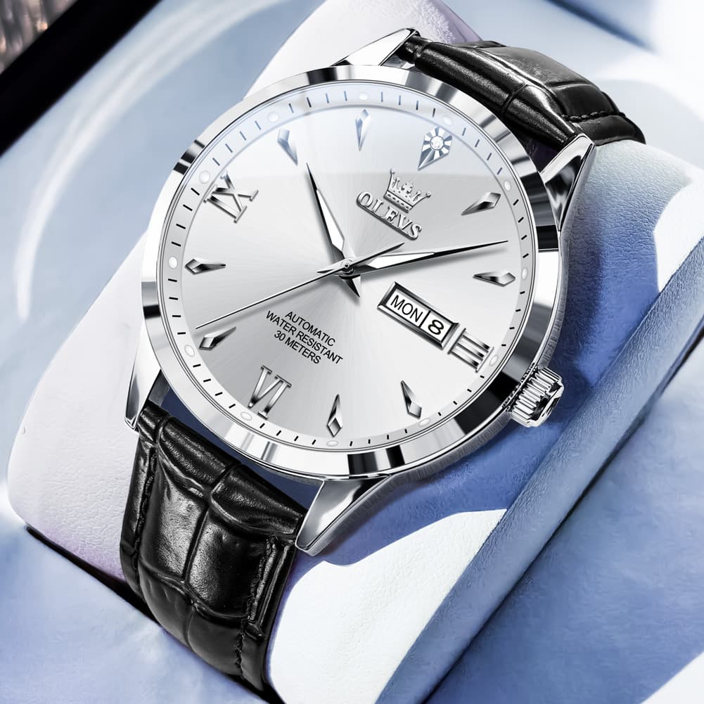 OLEVS Diamond Dial Day Date Automatic Mechanical Watch 9956 Leather Strap for Men