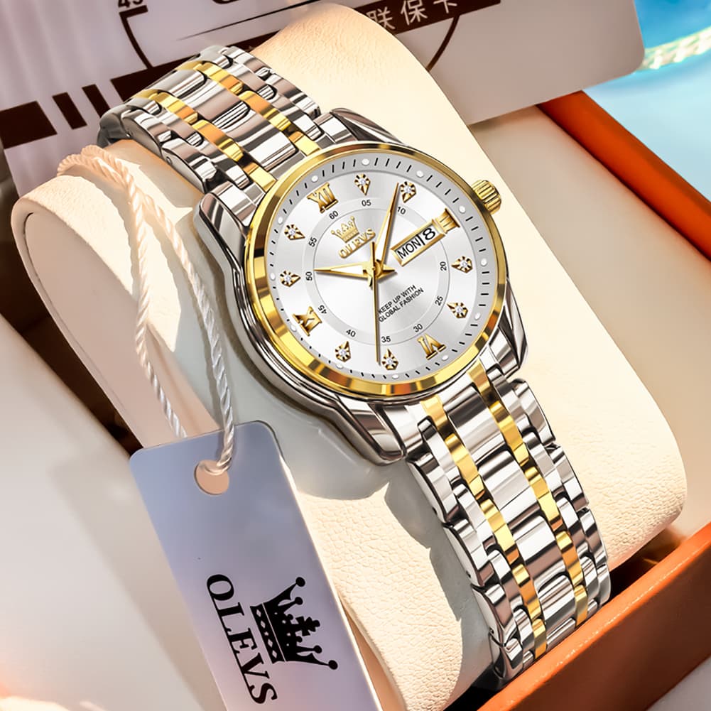 OLEVS Diamond Dial Day Date Quartz Watch 5513 Steel Band for Women