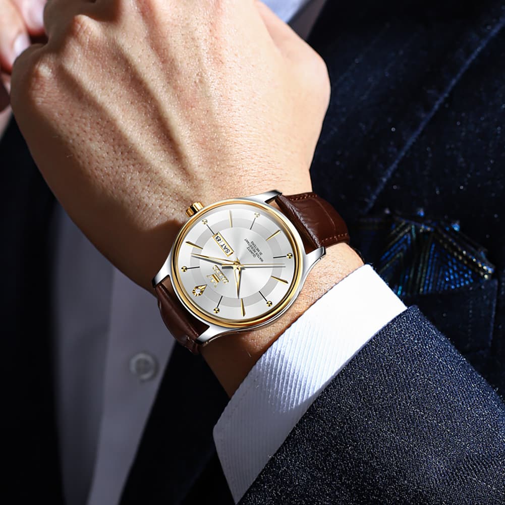 OLEVS 9908 Diamond Accent Day Date Quartz Watch for Men