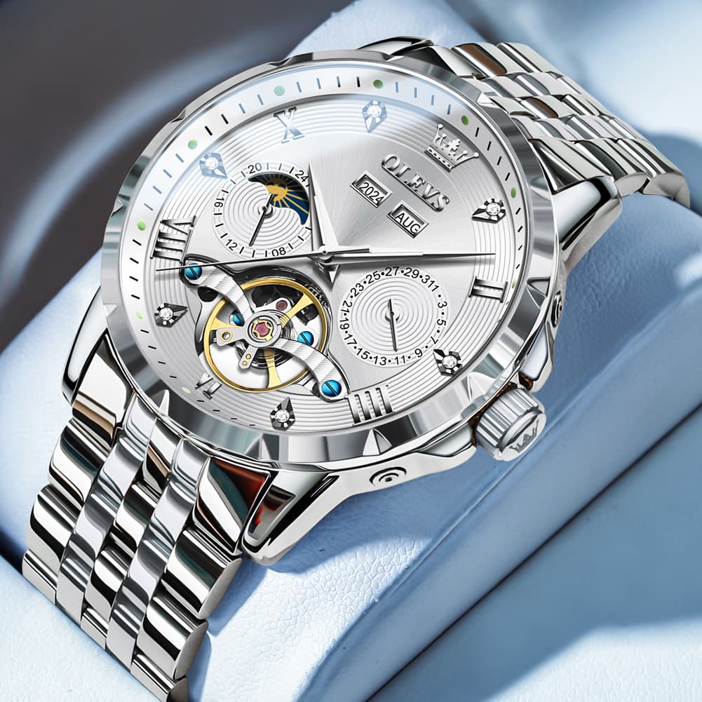 OLEVS 6691 Automatic Moon Phase Skeleton Steel Watch for Men