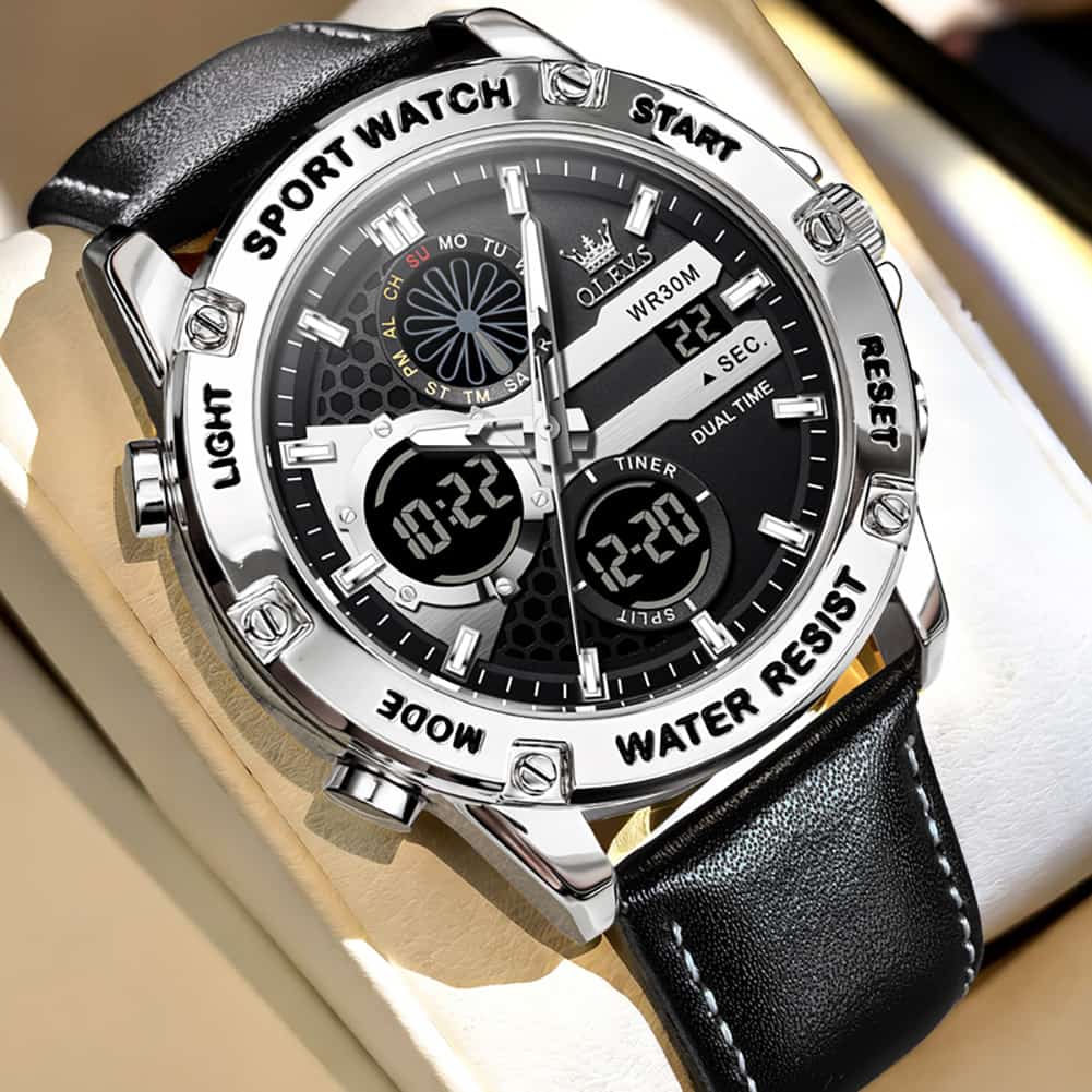 OLEVS 1110 Rugged Dual Display Leather Sport Watch for Men