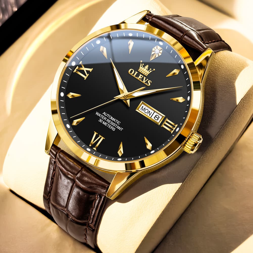 OLEVS Diamond Dial Day Date Automatic Mechanical Watch 9956 Leather Strap for Men