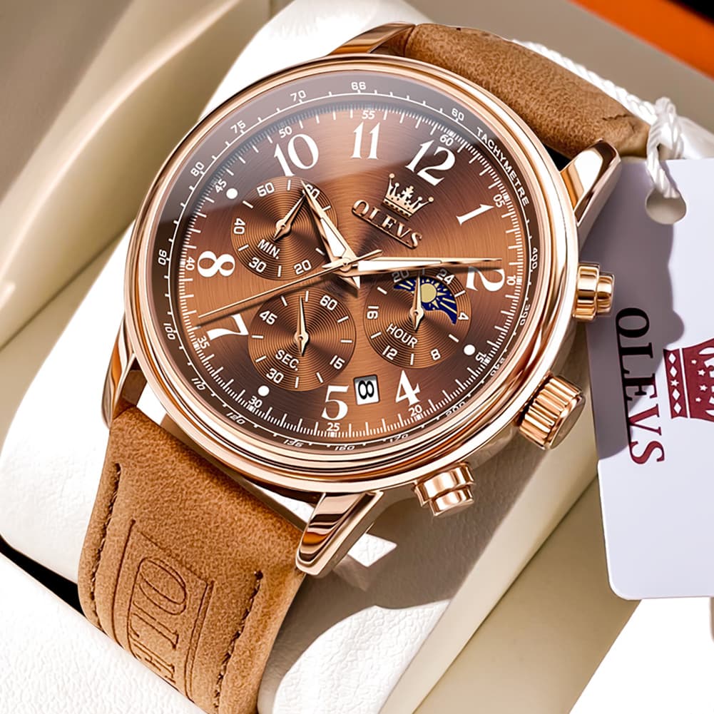 OLEVS 2912 Leather Chronograph Moon Phase Watch for Men