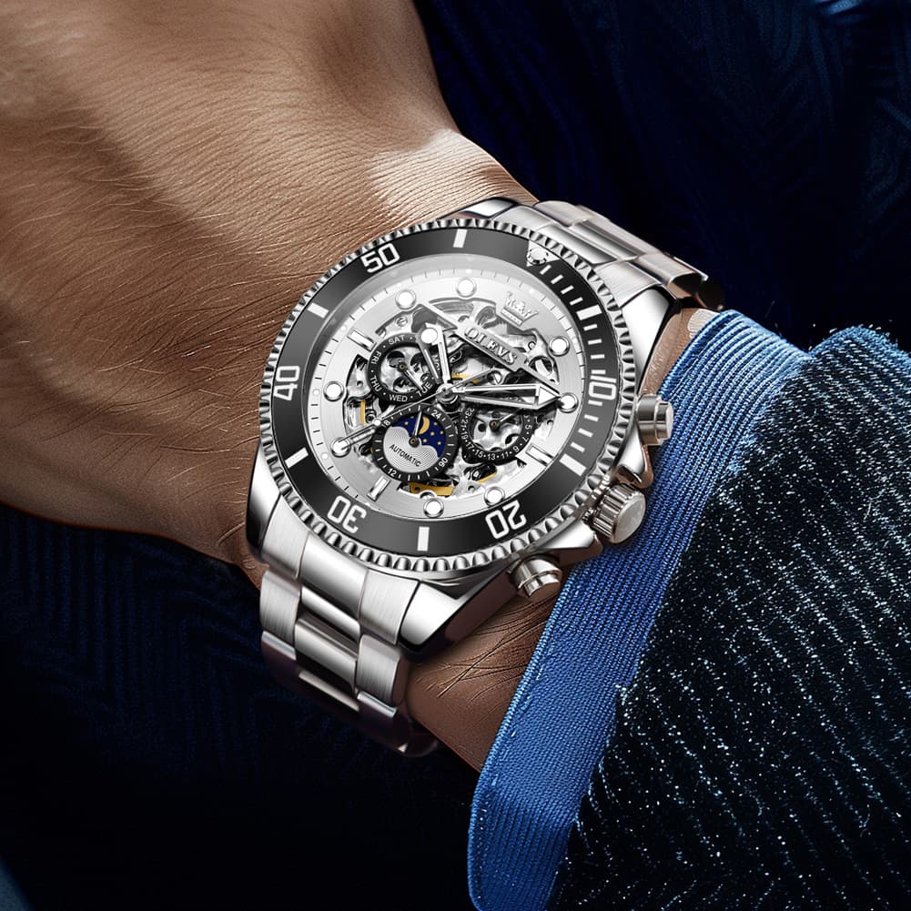 OLEVS 6715 Skeleton Multifunction Moon Phase Sports Mechanical Watch For Men