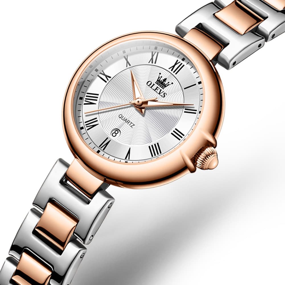 OLEVS Women Roman Numeral Dress Watch Sunray Dial Stainless Steel Date Quartz 5608