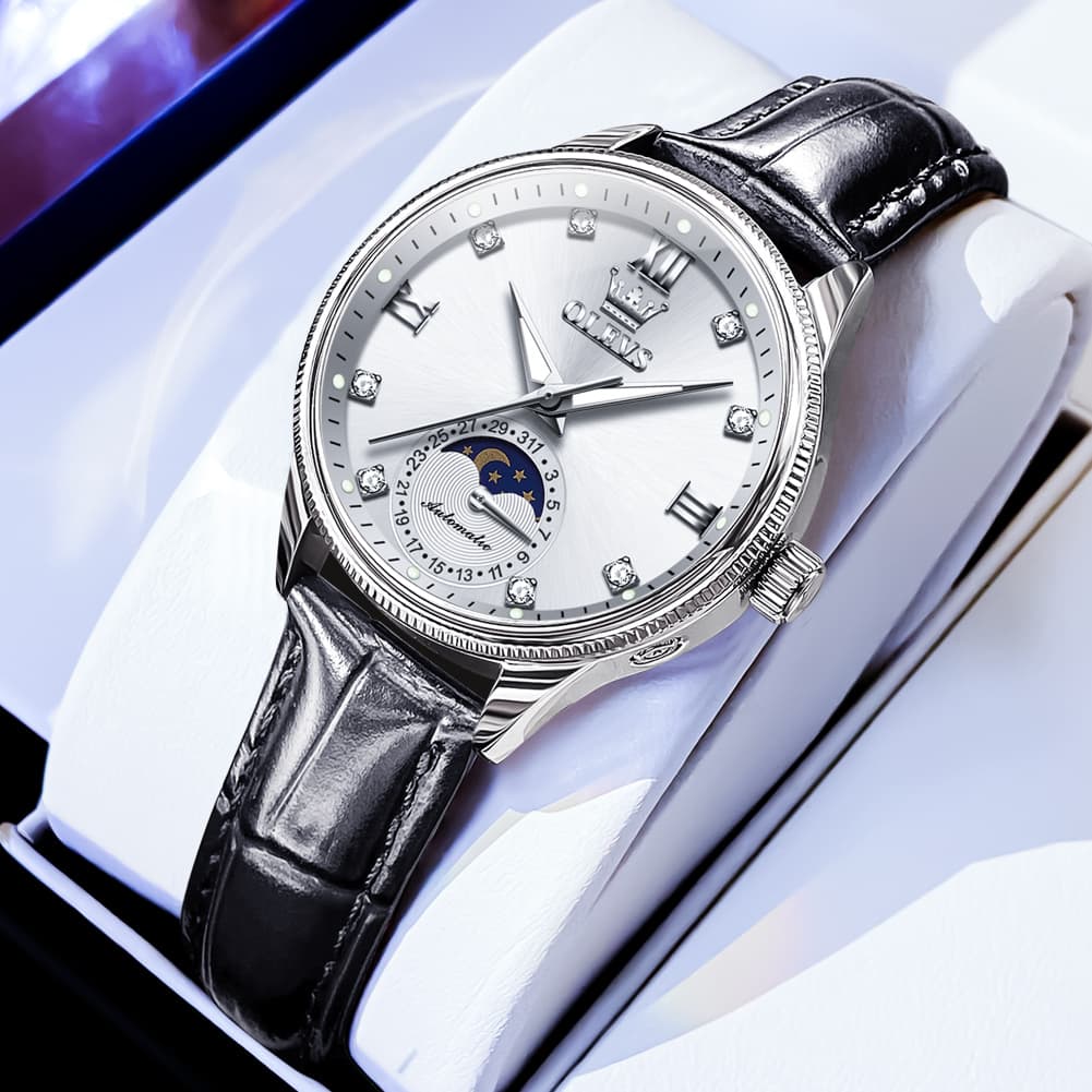 OLEVS 7039 Leather Moon Phase Mechanical Watch For Women