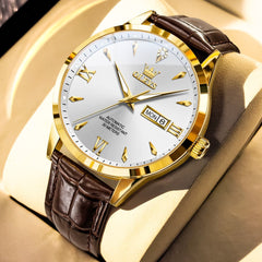 OLEVS Diamond Dial Day Date Automatic Mechanical Watch 9956 Leather Strap for Men