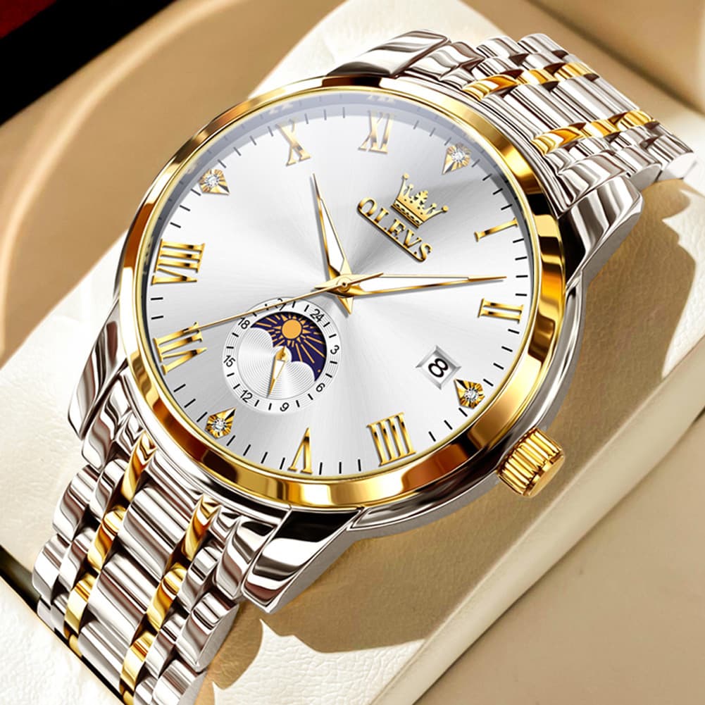 OLEVS 3656 Minimalist Moon Phase Roman Dial Stainless Steel Watch For Men