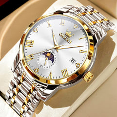 OLEVS 3656 Minimalist Moon Phase Roman Dial Stainless Steel Watch For Men