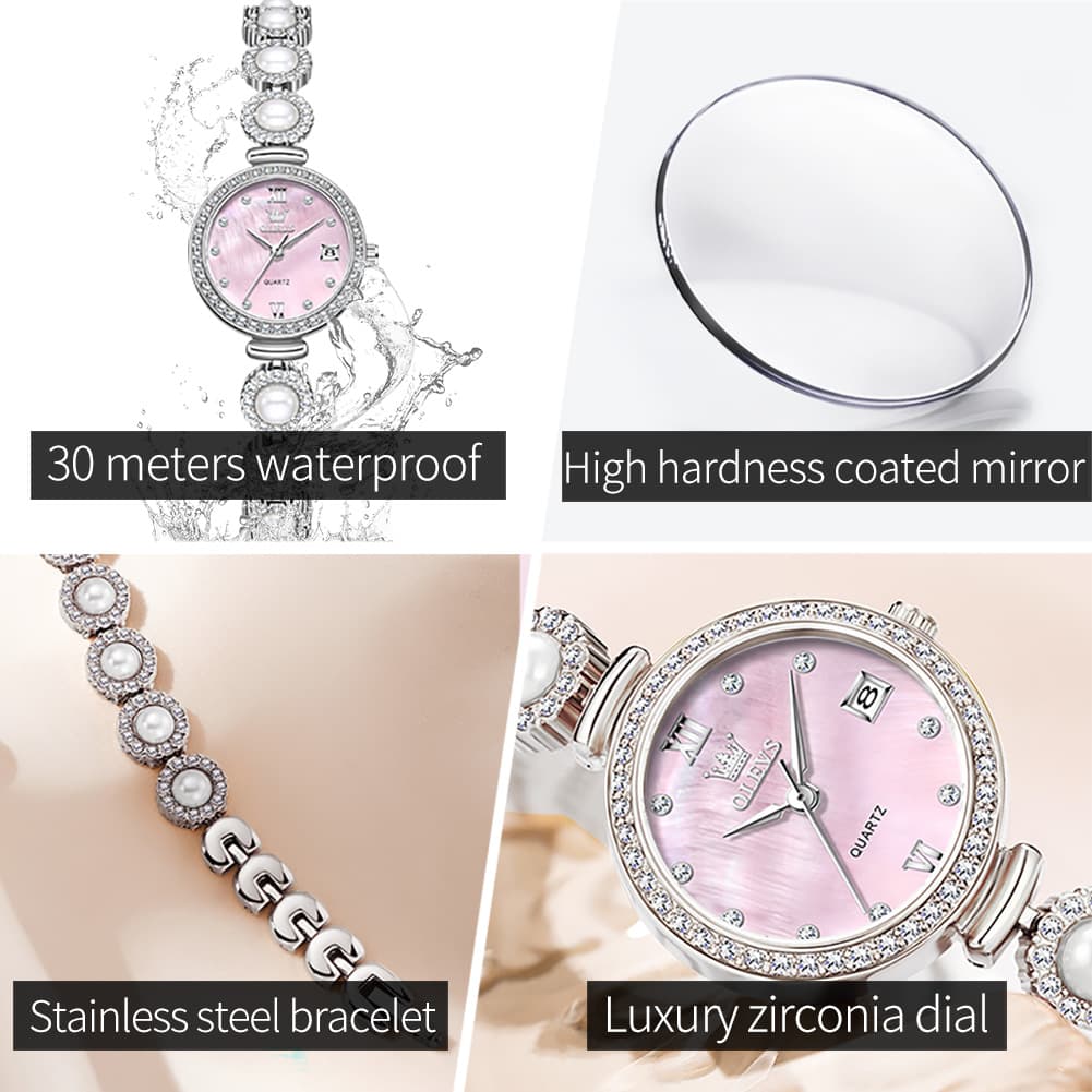 OLEVS Women Pearl Bracelet Watch Diamond Mother of Pearl Date Quartz 5635
