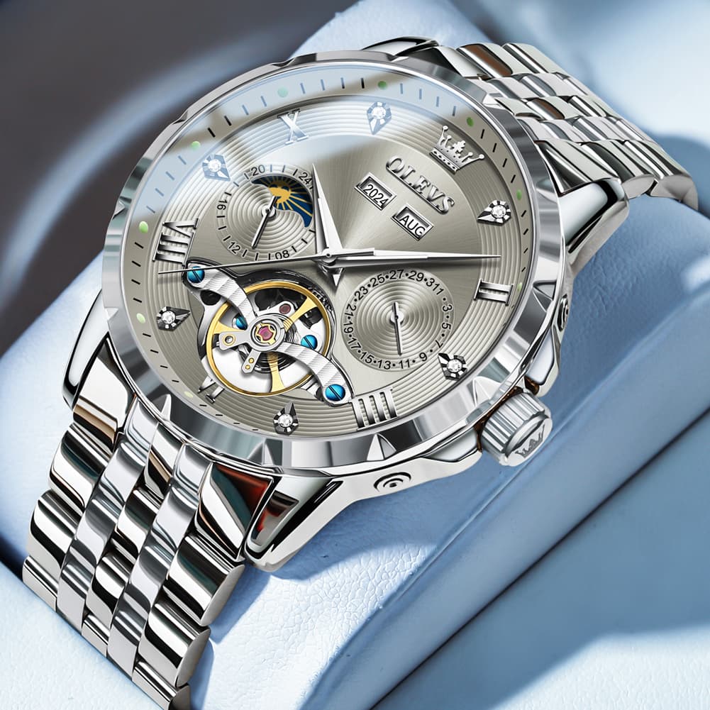 OLEVS 6691 Automatic Moon Phase Skeleton Steel Watch for Men